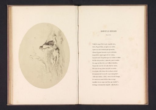 Photographic reproduction of a drawing depicting an angel appearing to Adam at the corpse of Abel