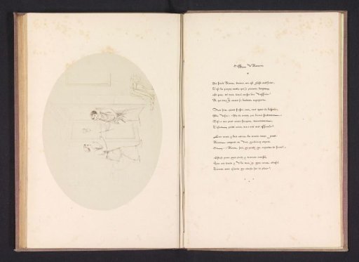 Photographic reproduction of a drawing, representing a man opening the door for Amor