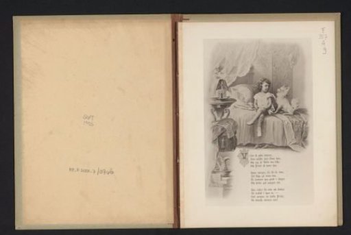 Photographic reproduction of a drawing of a child with a dog on a bed