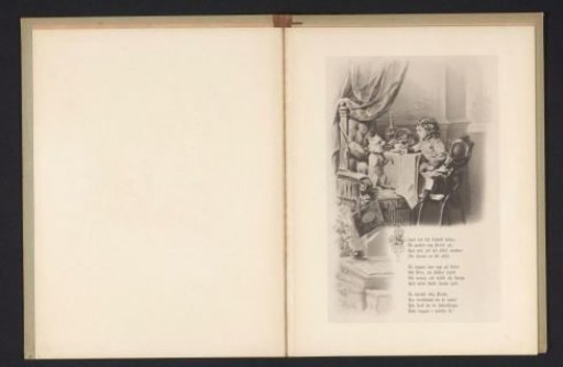 Photographic reproduction of a drawing of a child with a dog at a table