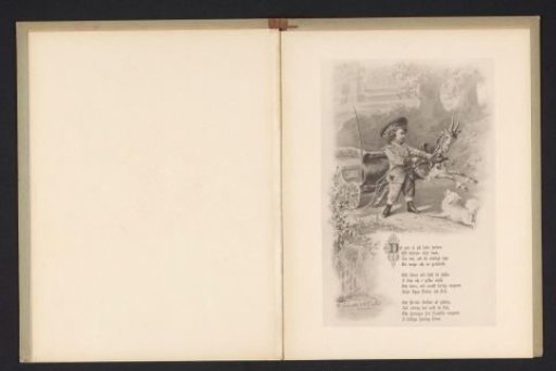 Photographic reproduction of a drawing of a child with a goat cart and a dog