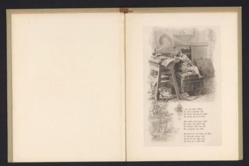 Photographic reproduction of a drawing of a child sleeping on a book with a dog under a table