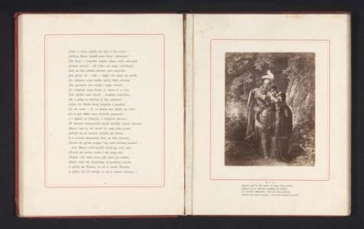 Photographic reproduction of a painting depicting a knight and a woman on a forest path