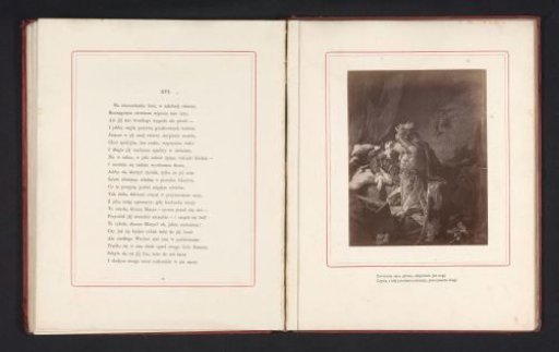 Photographic reproduction of a painting depicting a man before a bed on which a woman lies, possibly deceased