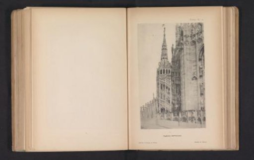 View of a tower with a staircase and sculptures on the Milan Cathedral, the Gugliotto dell Amadeo