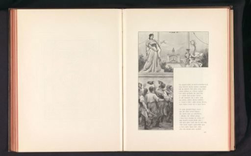 Photographic reproduction of a drawing depicting workers saluting a woman with a hammer
