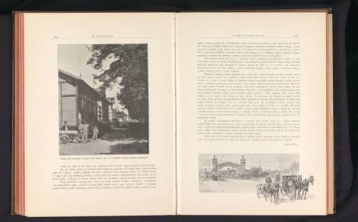 Photographic reproduction of a drawing depicting two horse-drawn carriages at the Výstaviště in Prague