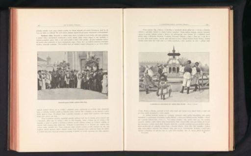 Photographic reproduction of a drawing depicting visitors to the Výstaviště in Prague around a collection box