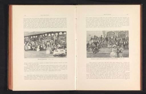 Photographic reproduction of a drawing depicting people on the street before the illuminated fountain at the Výstaviště