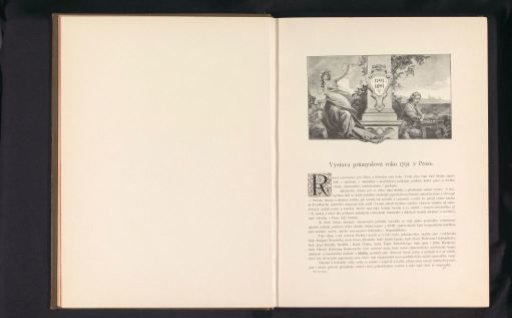 Photographic reproduction of a drawing depicting a personification of the Czech Republic creating electricity and a sculptor at work
