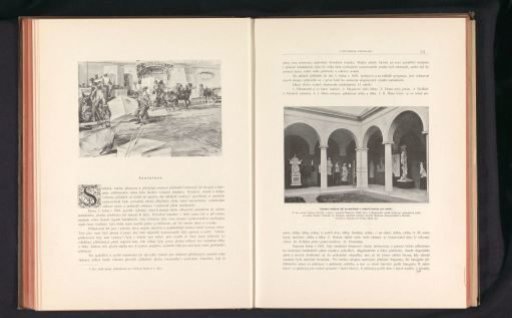 Photographic reproduction of a drawing depicting men moving cargo with horse-drawn carts