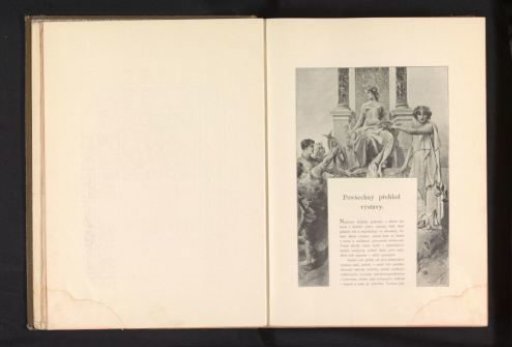 Photographic reproduction of a drawing depicting men offering objects to (presumably) an allegorical figure of the Czech Republic seated on a throne