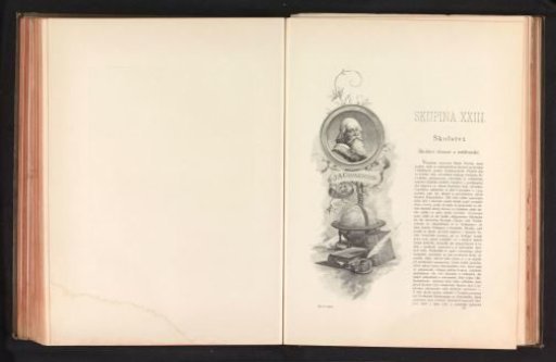 Photographic reproduction of a drawing depicting a portrait of Jan Amos Comenius above a globe and books