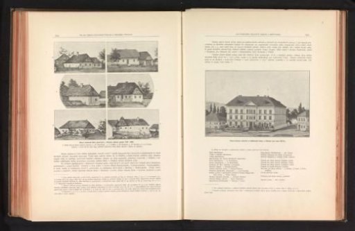 Six photographic reproductions of paintings depicting exteriors of school buildings in Hlinsko