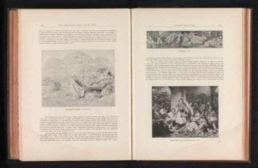 Two photographic reproductions of a drawing and a painting, depicting the Fates and a scene during the siege of Missolonghi