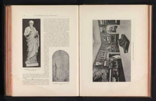 Sculpture depicting Saint Vitus and a photographic reproduction of a drawing, depicting monks in a funeral procession