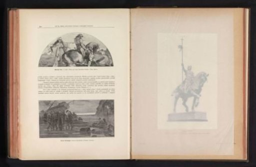 Two photographic reproductions of paintings, representing a woman pointing the way to a man on horseback and William seeing the ghostly apparitions of the crew of the Carmilhan before the cave of Steenfoll