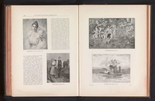 Two photographic reproductions of a painting and a print, depicting a dancing company in a meadow and a winter landscape
