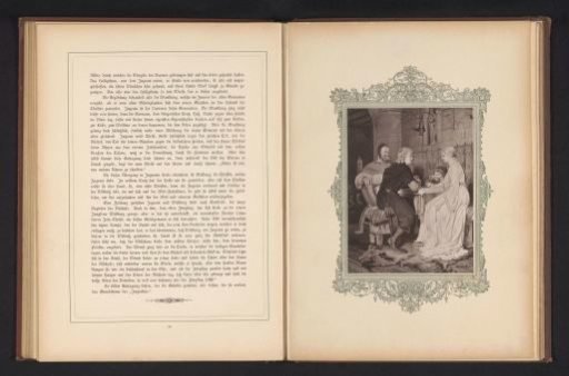 Photographic reproduction of a painting presumably depicting a scene of Irmgard with a family at the table from Die Ahnen by Gustav Freytag