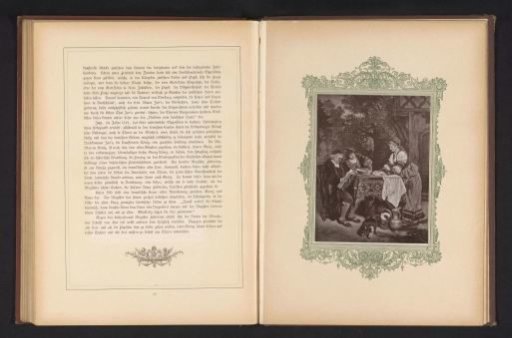 Photographic reproduction of a painting depicting a scene with Anna at a table with Fabricius and Georg from Die Ahnen by Gustav Freytag