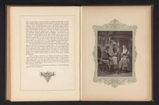 Photographic reproduction of a painting depicting Bernhard and Judith in conversation from Die Ahnen by Gustav Freytag