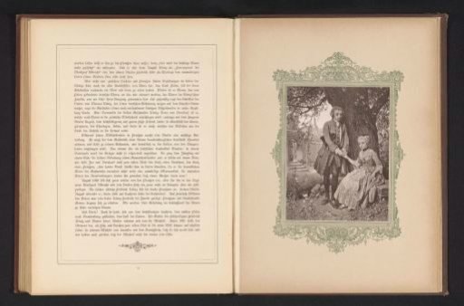 Photographic reproduction of a painting depicting a scene with Fritz and Dorchen in a garden from Die Ahnen by Gustav Freytag