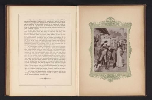 Photographic reproduction of a painting depicting a scene with König, Oberst and Henriette on the street from Die Ahnen by Gustav Freytag