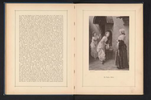 Photographic reproduction of a painting depicting Louise of Mecklenburg-Strelitz and Frederika of Mecklenburg-Strelitz with the mother of Johann Wolfgang von Goethe in a courtyard with a water pump