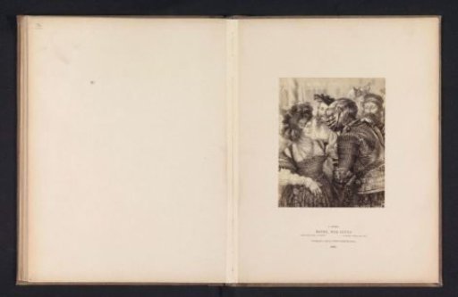Photographic reproduction of a drawing of a woman guessing who is sitting in armor by Adolf Menzel