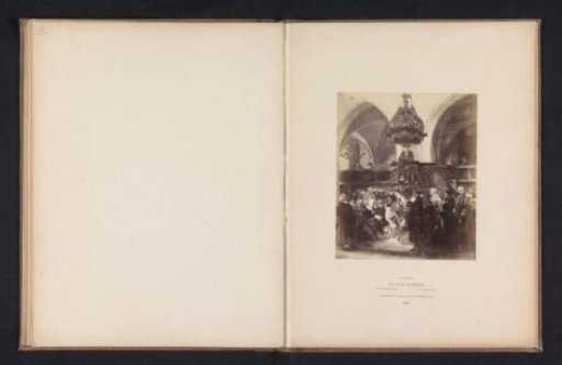 Photographic reproduction of a painting of a church interior during a service by Adolf Menzel