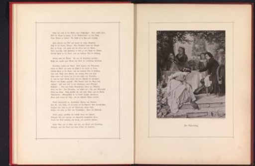 Photographic reproduction of a painting of people at a table and a girl reaching out to a bird with young