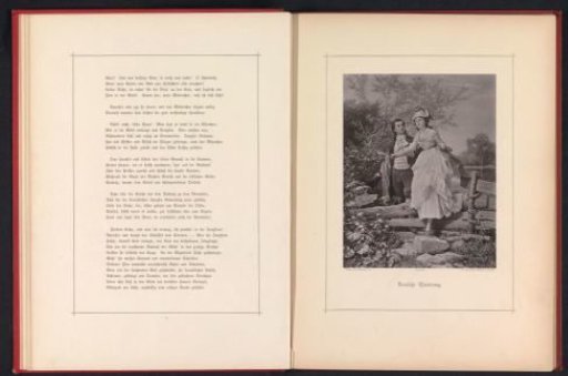 Photographic reproduction of a painting of a young man and woman passing a wooden fence