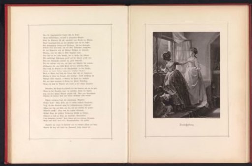 Photographic reproduction of a painting of a bride being dressed by another woman