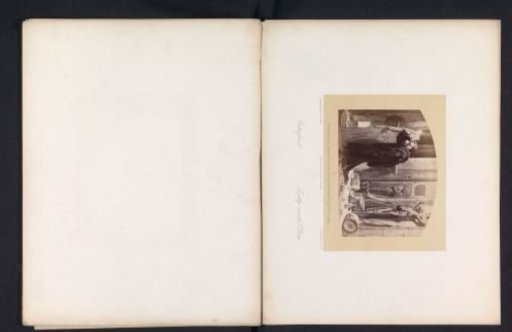 Photographic reproduction of a drawing of an interior of a destroyed church with weapons on a statue of Christ and a man next to presumably an angel who does not wish to see this