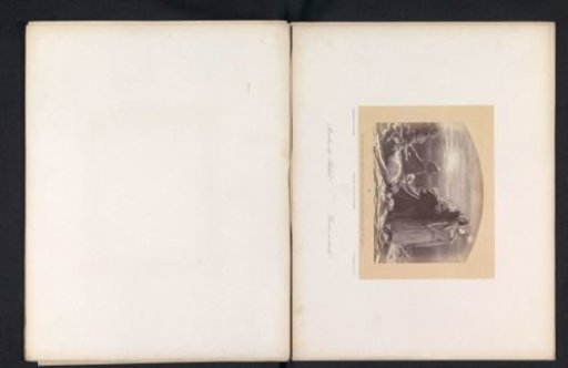 Photographic reproduction of a drawing of presumably an angel and a man observing the actions of other people on a battlefield