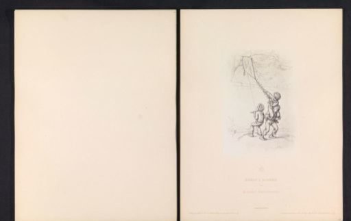 Photographic reproduction of a drawing of three children trying to retrieve a kite from a tree