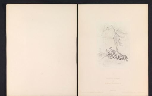 Photographic reproduction of a drawing of three children who have fallen while trying to retrieve a kite from a tree