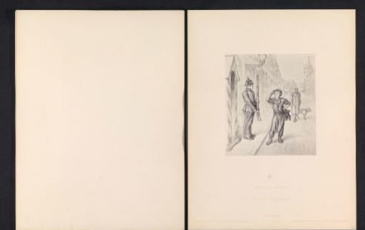 Photographic reproduction of a drawing of a boy saluting a soldier at a guardhouse