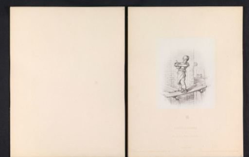 Photographic reproduction of a drawing of a person walking on a scaffold with hands full and a plate on his face