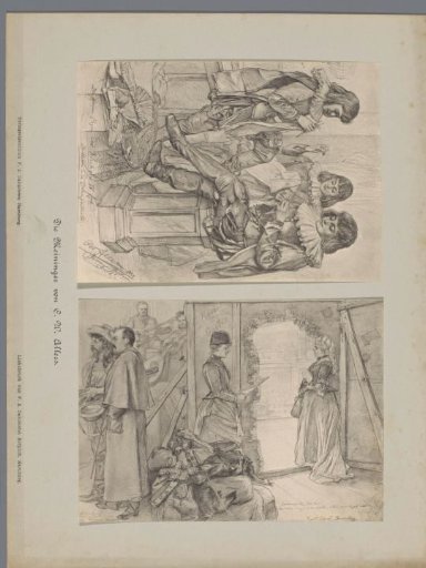 Two photographic reproductions of drawings, depicting three actresses in page costume sewing clothes and an actress singing a song during a performance