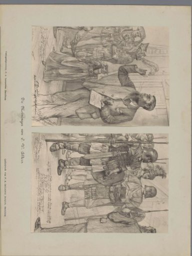Two photographic reproductions of drawings, depicting inspector Brehms addressing actors