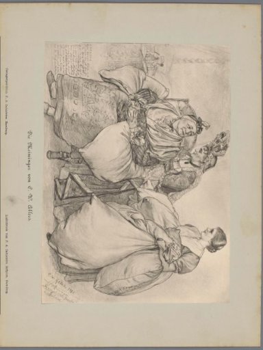 Photographic reproduction of a drawing depicting three actresses in historical costume