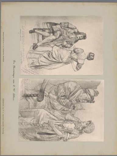 Two photographic reproductions of drawings depicting four actors in historical costumes