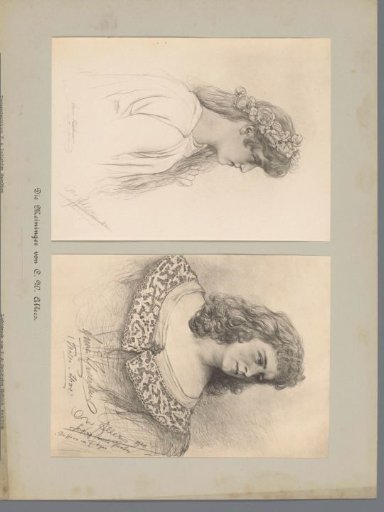 Two photographic reproductions of drawings, depicting two actresses in costume
