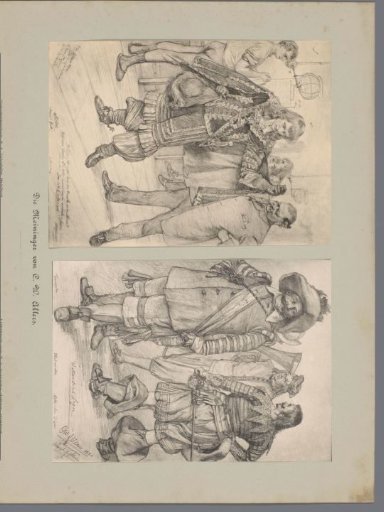 Two photographic reproductions of drawings, depicting actors in the dressing room and a portrait of three actors in hunting costume