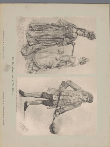 Two photographic reproductions of drawings, depicting two actresses in historical costume and an actor in historical costume with a bedpan