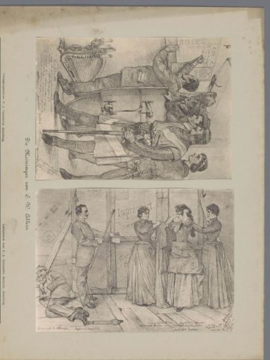 Two photographic reproductions of drawings, depicting actors establishing a rehearsal schedule and an actress being dressed for a performance