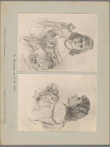 Two photographic reproductions of drawings, depicting portraits of an actress in costume