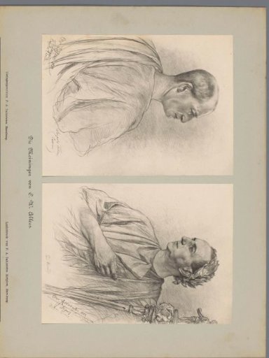 Two photographic reproductions of drawings, depicting a portrait of Leopold Teller as Cassius and a portrait of Paul Richard as Julius Caesar