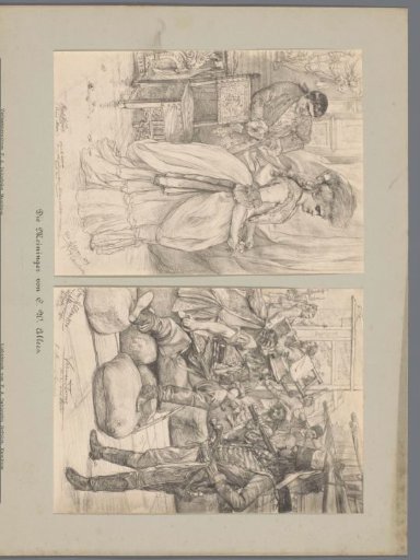 Two photographic reproductions of drawings, depicting two actors in costumes and actors on a stage